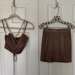 Lulu's Bronze Metallic Two-Piece Crop Top and Mini Skirt Set